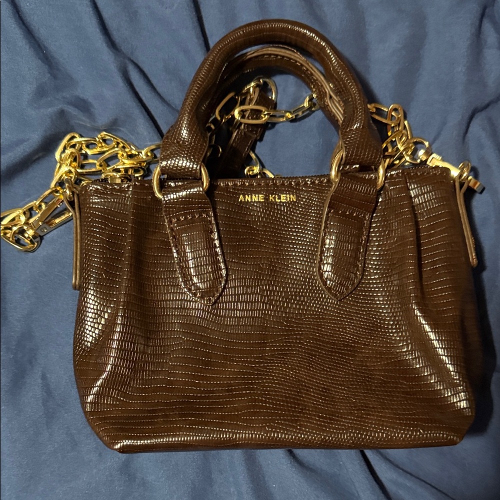 NWOT Mini Anne Klein Dark Brown Satchel with Gold Accents.
